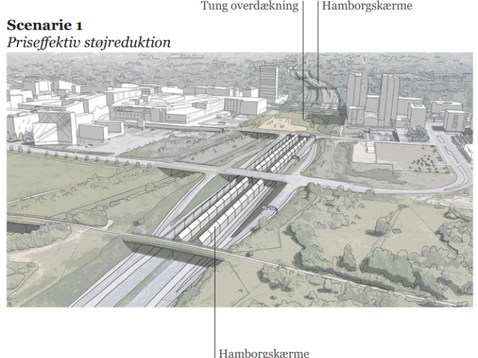 Overdækning af Øresundsmotorvejen, scenarie 1.